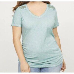 Lane Bryant‎ Summer Top Crochet Shoulder  Ruched White Mint Green Size 14/16